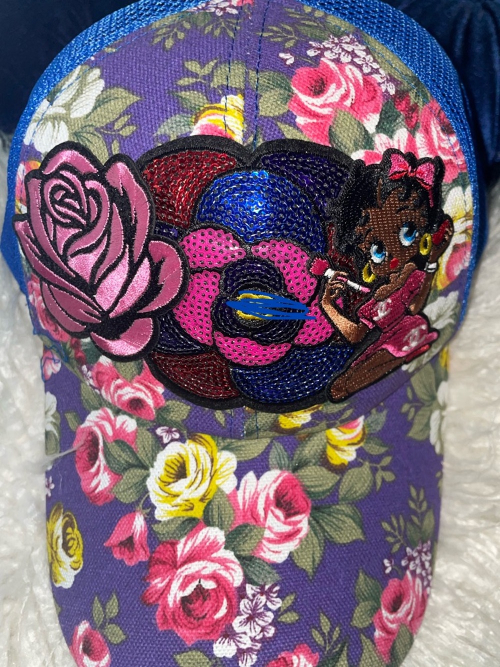 Floral Purple Sequin Patch Trucker Hat - Pink Rose Accent